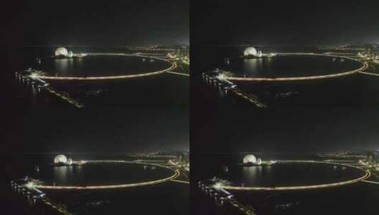 珠海日月贝夜景航拍夜晚珠海大剧院珠海地标高清在线视频素材下载
