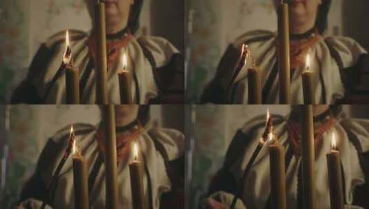 乌克兰服装中传统蜡烛照明的特写高清在线视频素材下载