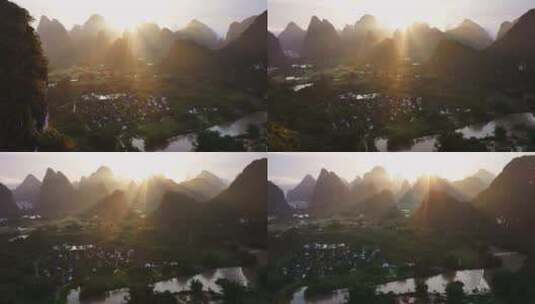 航拍桂林山脉日出日落高清在线视频素材下载