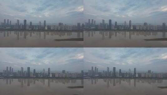江西南昌红谷滩CBD清晨风光航拍高清在线视频素材下载
