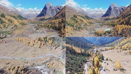 四川西部四姑娘山景区秋天大巴车行驶航拍高清在线视频素材下载