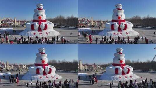 哈尔滨太阳岛雪博会大雪人航拍高清在线视频素材下载