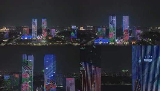 江门五邑华侨广场夜景航拍蓬江万达广场夜景高清在线视频素材下载