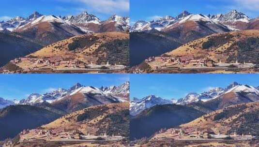 航拍四川甘孜扎西持林寺庙雪山风光高清在线视频素材下载