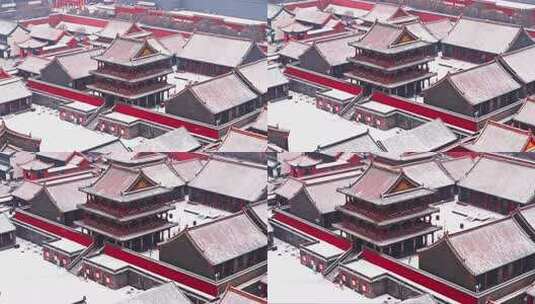 辽宁沈阳故宫雪后古建筑群全景航拍高清在线视频素材下载