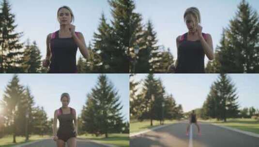 夏季公园的年轻女子跑步训练高清在线视频素材下载