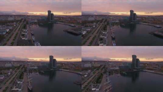 日落时格丁尼亚港的鸟瞰高清在线视频素材下载