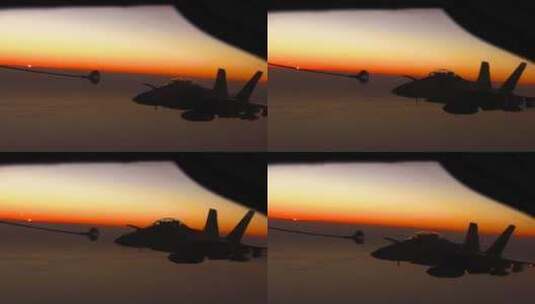 日落时分空军进行了空中喷气式飞机加油演习高清在线视频素材下载