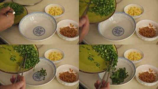 厨师调韭菜三鲜馅料高清在线视频素材下载