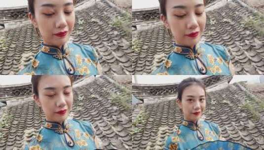 旗袍女孩穿越济南老四合院场景高清在线视频素材下载