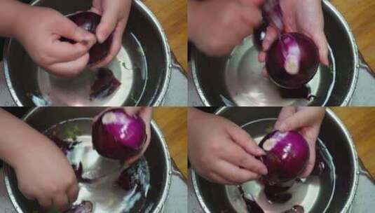 清洗紫皮洋葱圆葱剥皮高清在线视频素材下载