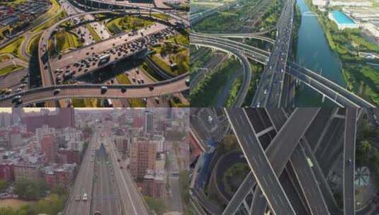航拍城市立交桥行驶的车辆 视频合集高清在线视频素材下载