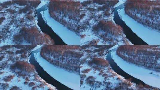 航拍呼伦贝尔雪原河流高清在线视频素材下载