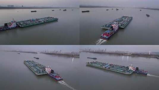 航拍长江上的分节油运输船高清在线视频素材下载