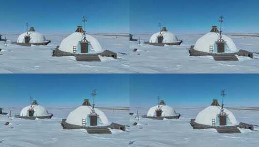 内蒙古呼伦贝尔白音哈达雪原蒙古包航拍高清在线视频素材下载