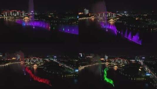 航拍鄂州夜景水上激光音乐五彩喷泉高清在线视频素材下载