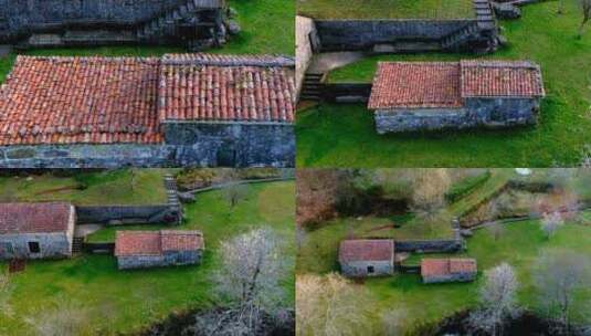 废弃建筑上旧传统粘土屋顶瓷砖的鸟瞰图Tordoia Coruna，西班牙。娃娃高清在线视频素材下载