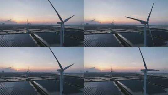 夕阳下风能风力发电场风车光伏太阳能发电站高清在线视频素材下载
