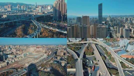 昆明城市交通建筑多镜头多建筑航拍高清在线视频素材下载