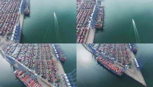 航拍深圳盐田港货轮、大海、码头、快艇高清在线视频素材下载