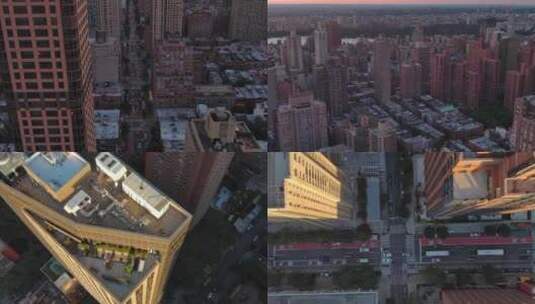 航拍纽约曼哈顿上东区摩天大楼哈德逊河日出高清在线视频素材下载