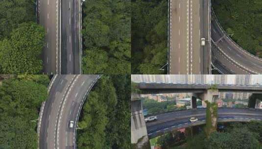 航拍在重庆市内行驶的汽车以及重庆城市风景高清在线视频素材下载