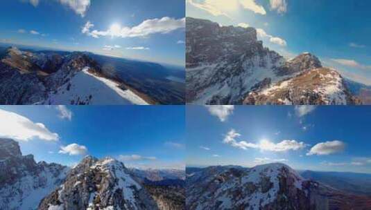 FPV穿越机无人机航拍雪山森林日出滑雪场高清在线视频素材下载