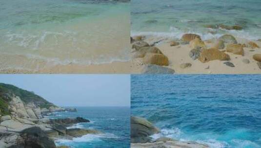 阴天海景大海边蓝色海水海浪拍打礁石岩石高清在线视频素材下载