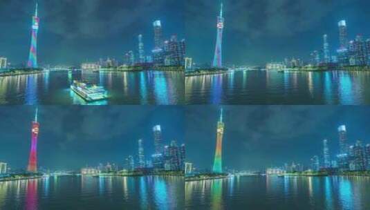 广州塔及珠江新城摩天大楼夜景灯光秀高清在线视频素材下载