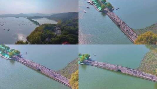 浙江杭州西湖景区断桥残雪风景风光航拍人流高清在线视频素材下载