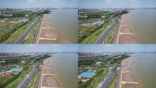 杭州钱塘江沿江江边江景风景特写航拍高清在线视频素材下载