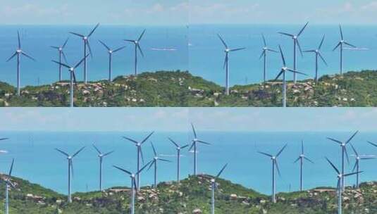 山顶上与大海中的风力发电机高清在线视频素材下载