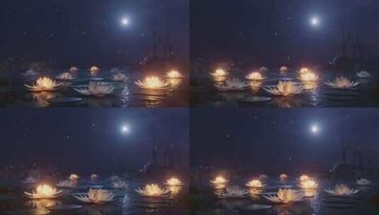 月亮背景下水上魔法之夜的荷花环高清在线视频素材下载
