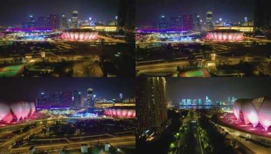 杭州滨江奥体中心体育馆夜景航拍高清在线视频素材下载