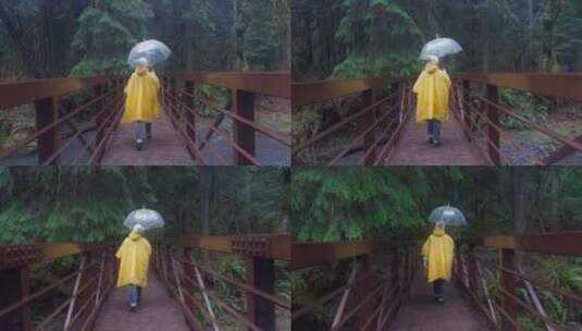 森林桥上的黄色雨衣和透明伞高清在线视频素材下载