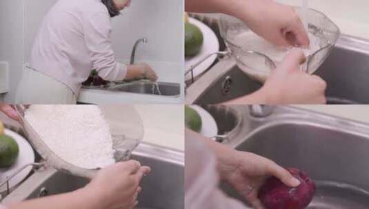 女人在厨房做饭淘米洗水果 辛勤劳动高清在线视频素材下载
