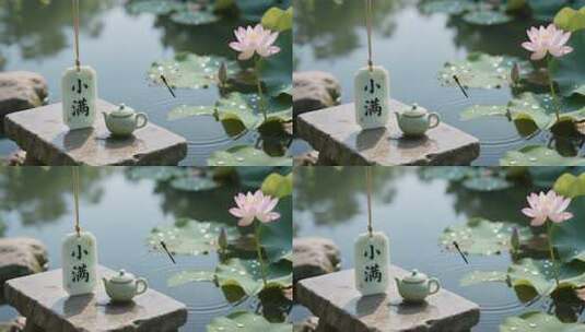 荷塘边小满主题茶具摆件高清在线视频素材下载