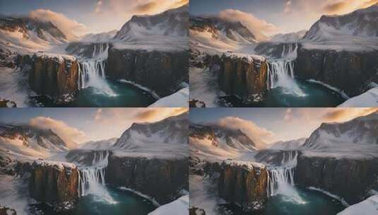 雪山瀑布自然风光全景高清在线视频素材下载