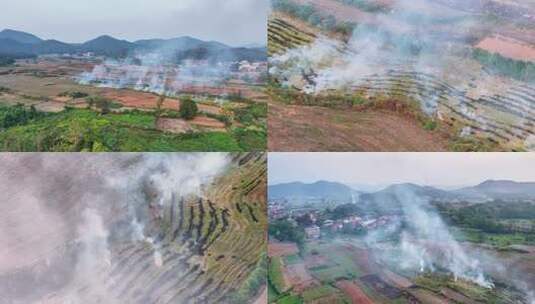 田野秸秆焚烧场景俯拍高清在线视频素材下载
