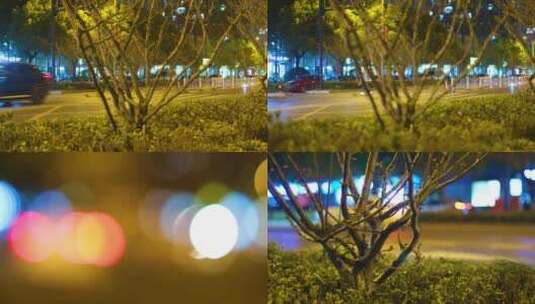 杭州城市夜晚街头汽车车流人流夜景光斑视频高清在线视频素材下载