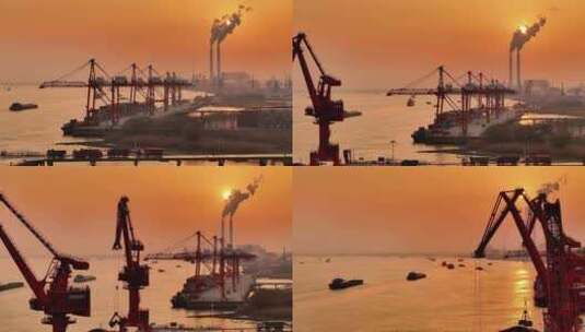 航拍长江夕阳落日码头轮船船只江边运输航道高清在线视频素材下载