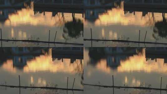 傍晚夕阳照耀下金色的水面倒影形成天然油画高清在线视频素材下载