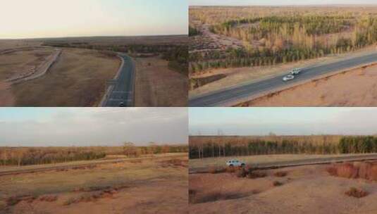 4K航拍夕阳下车辆孤独行驶在戈壁沙漠公路高清在线视频素材下载