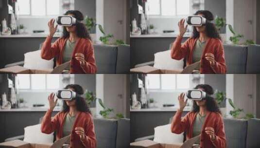 用于互动或娱乐的女士、沙发和虚拟现实眼镜高清在线视频素材下载
