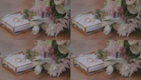 花卉旁边的盒子中有婚戒高清在线视频素材下载