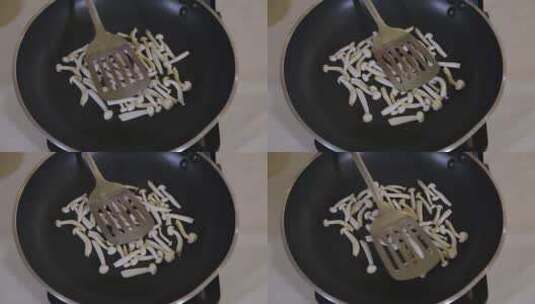 热锅凉油炒蘑菇高清在线视频素材下载