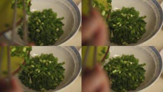 厨师调韭菜三鲜馅料高清在线视频素材下载