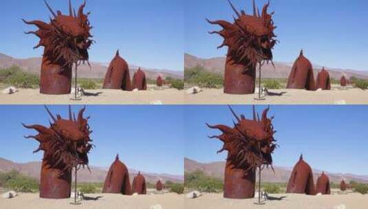 沙漠中的巨型金属龙雕塑高清在线视频素材下载