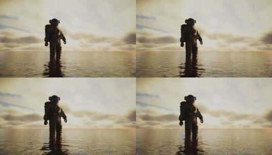 日落时分云层下的海上宇航员高清在线视频素材下载