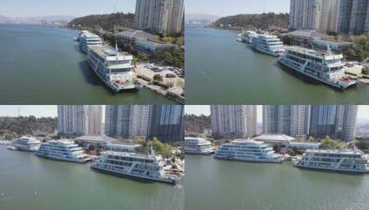 大理洱海邮轮轮船城市河流江河航拍高清在线视频素材下载